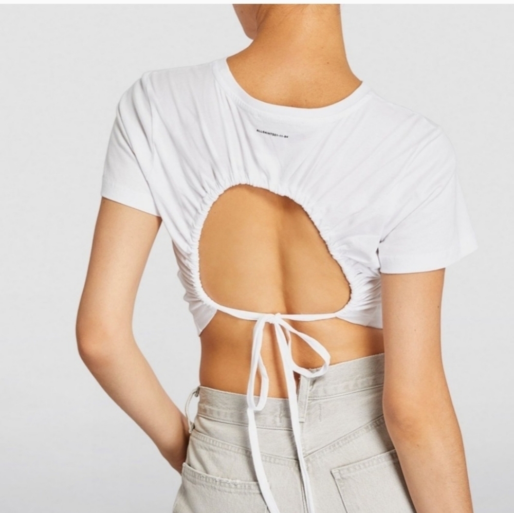 AllSaints Ada Open Back Tee Shirt White XS Ruched Tie Back Cropped T-Shirt